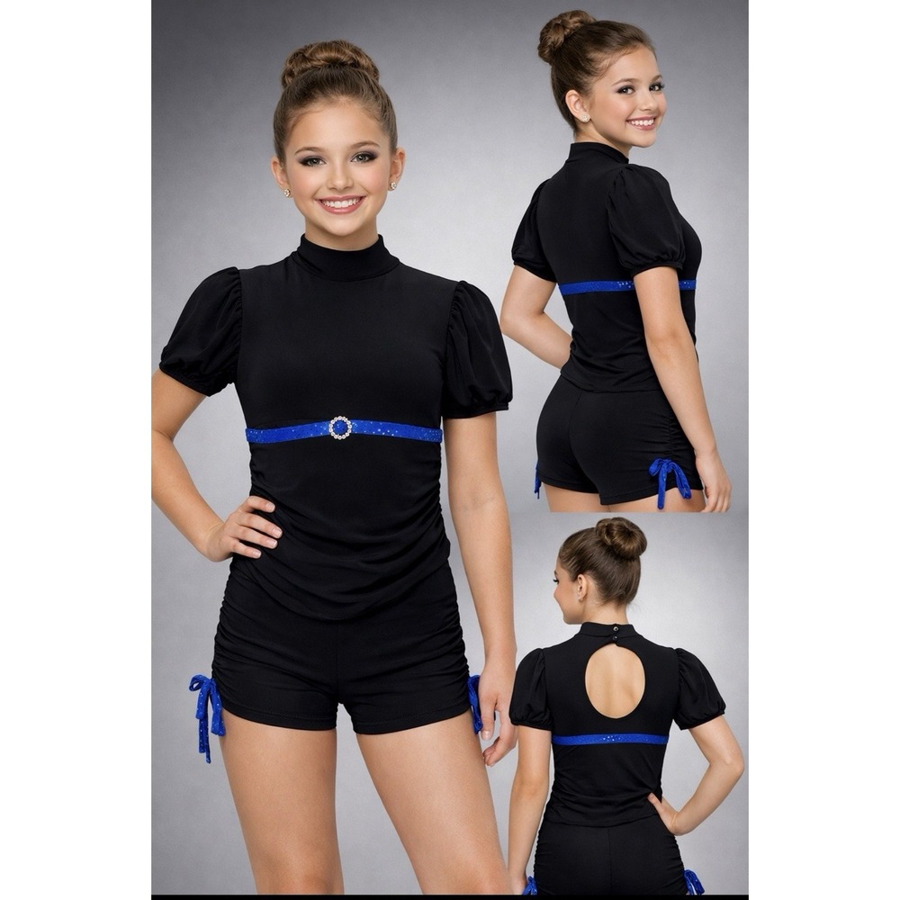 Weissman Girls Large 12 14 Black Blue Biketard One Piece Dance Costume 4746